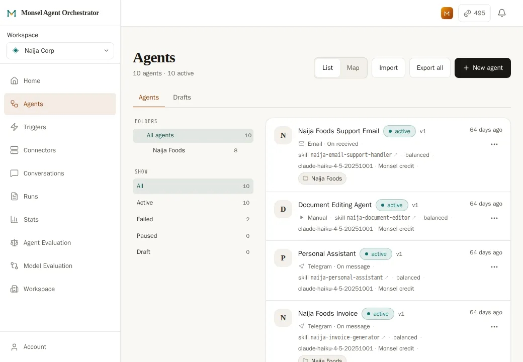 The Agents screen in Monsel Agent Orchestrator: a list of ten agents for a food business, each showing its channel, its instructions and that it is active.