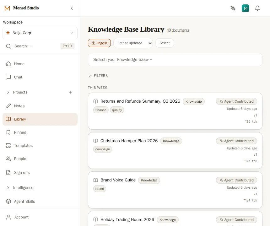 The Library in Monsel Studio: documents written by agents, each with its tags and when it was last updated.